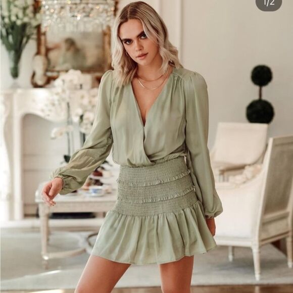 Mable Dresses & Skirts - MABLE - Smocked, Draped Mini Dress Satin in Sage Green - Size Small, Light Green